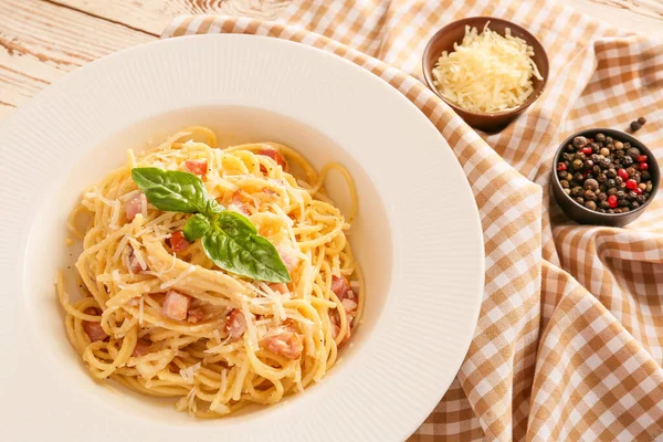 Plate Tasty Pasta Carbonara Table — Stock Photo, Image