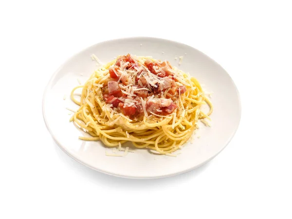 Plate Tasty Pasta Carbonara White Background — Stock Photo, Image