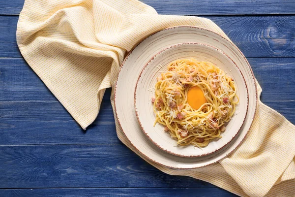Plate Tasty Pasta Carbonara Table — Stock Photo, Image