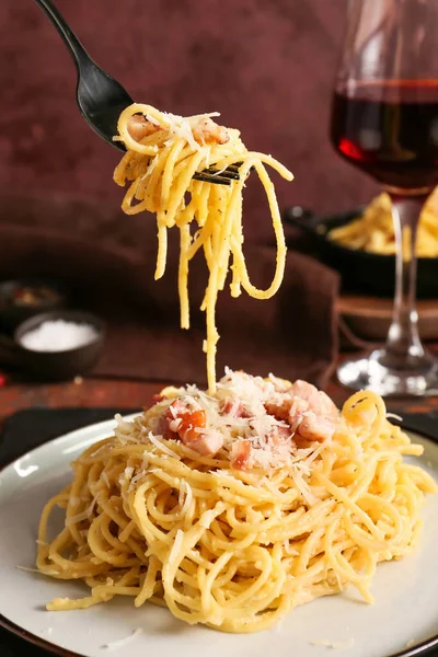 Essen Von Leckeren Pasta Carbonara Nahaufnahme — Stockfoto