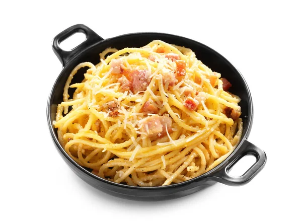Frying Pan Tasty Pasta Carbonara White Background — Stock Photo, Image