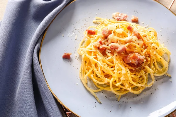 Plate Tasty Pasta Carbonara Table — Stock Photo, Image