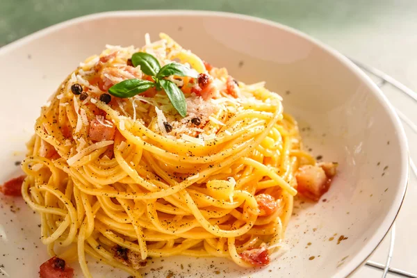 Plate Tasty Pasta Carbonara Closeup — Stock Photo, Image