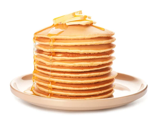 Leckere Pfannkuchen Mit Honig Und Butter Auf Weißem Hintergrund — Stockfoto