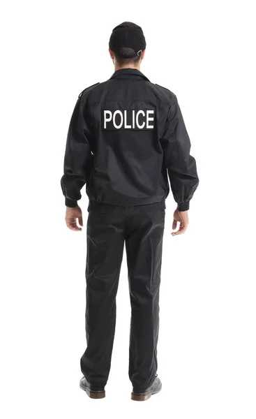 Handsome Policeman White Background Back View Stock Photo