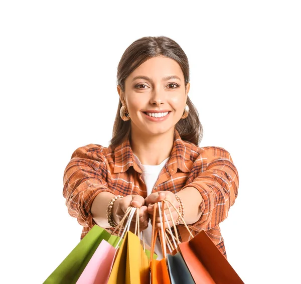 Belle Jeune Femme Avec Des Sacs Provisions Sur Fond Blanc — Photo