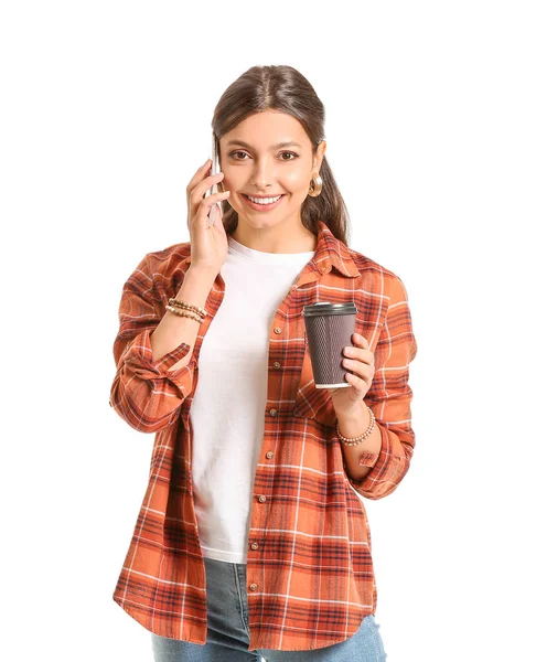 Beautiful Young Woman Coffee Talking Phone White Background — Stock Photo, Image