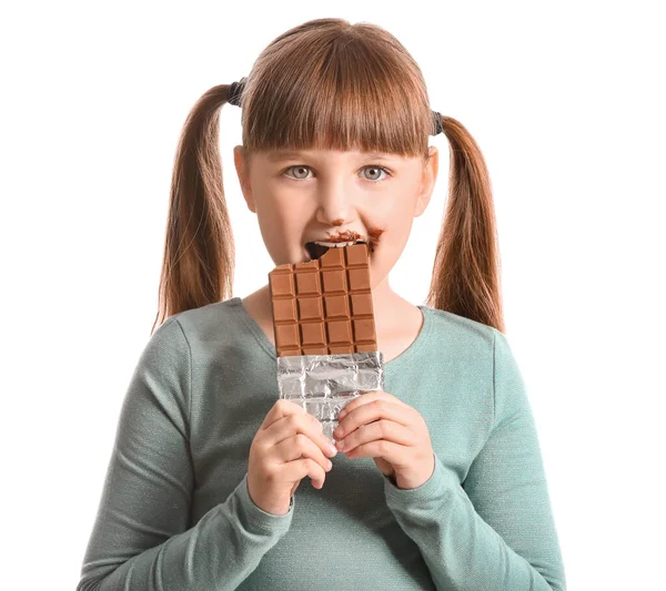 Cute Funny Girl Chocolate White Background — Stock Photo, Image