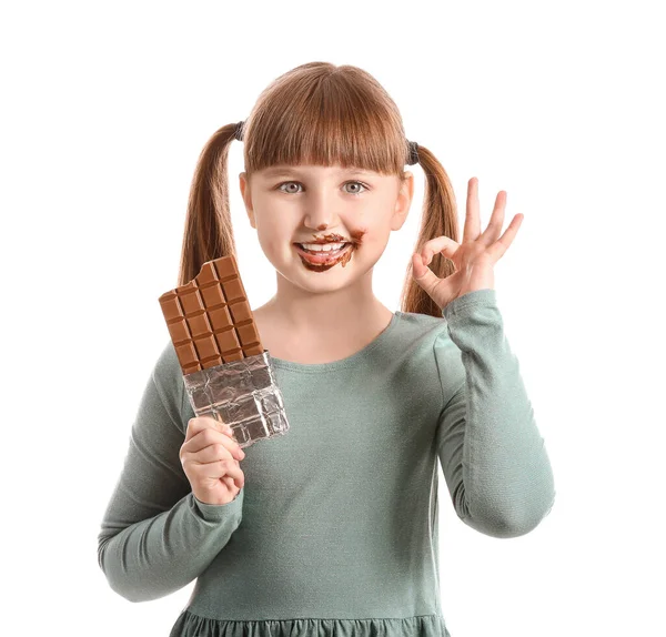 Cute Funny Girl Chocolate Showing White Background — Stock Photo, Image