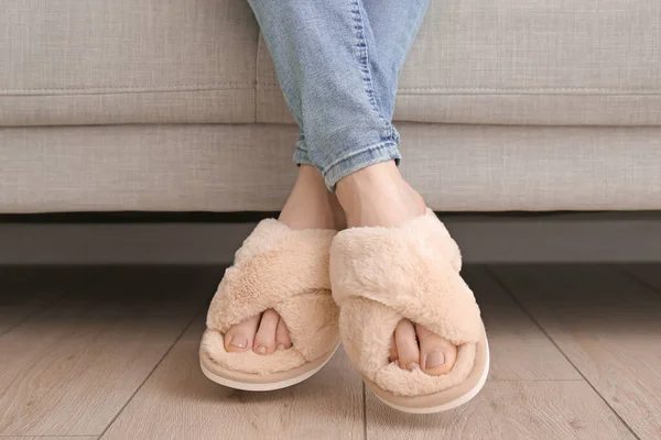 Woman Soft Slippers Sitting Sofa Home — Stock Photo, Image