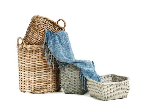 Wicker Baskets Plaid White Background — Stock Photo, Image