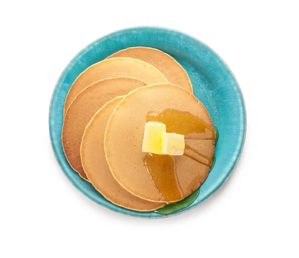 Tasty Pancakes Honey Butter White Background — Stock Photo, Image