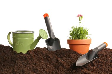 Beyaz arkaplanda toprak ve bahçe araçları