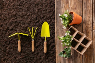 Set of gardening tools on soil clipart