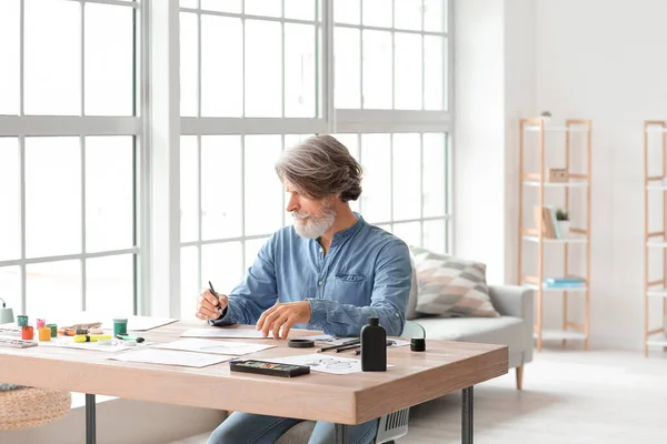 Senior Male Calligraphist Working Office — Stock Photo, Image