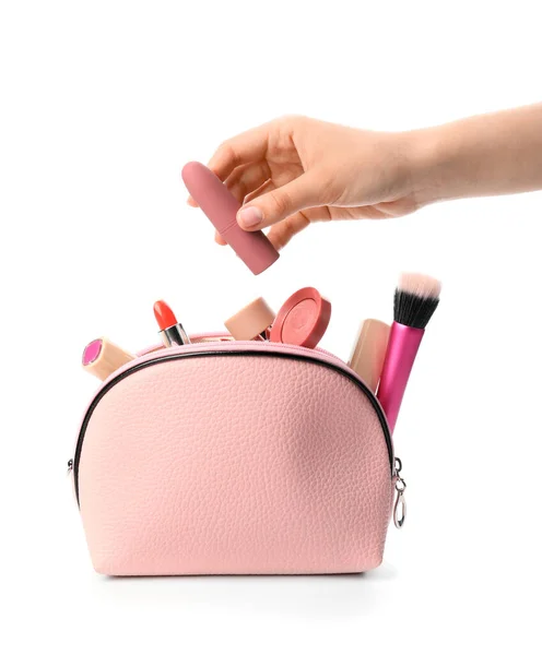 Mujer Con Bolsa Cosméticos Sobre Fondo Blanco —  Fotos de Stock