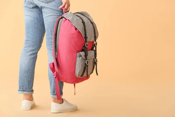 Young Woman Backpack Color Background — Stock Photo, Image