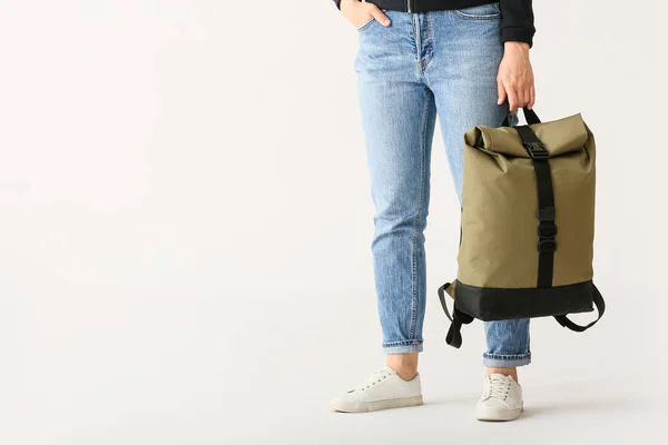 Young Woman Backpack White Background — Stock Photo, Image