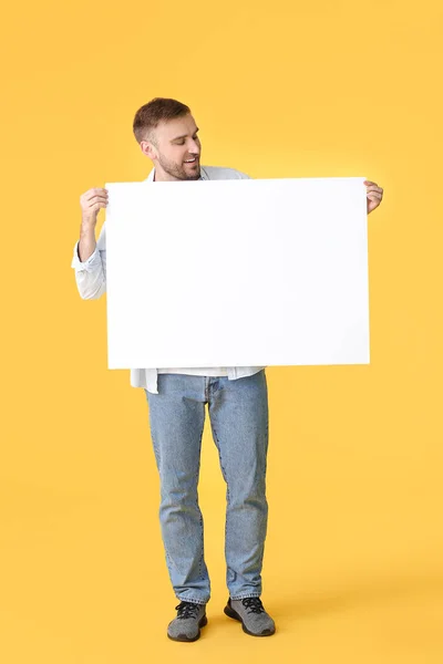 Young Man Blank Placard Color Background — Stock Photo, Image
