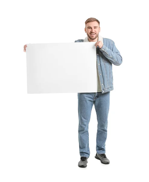 Jovem Com Placard Branco Sobre Fundo Branco — Fotografia de Stock