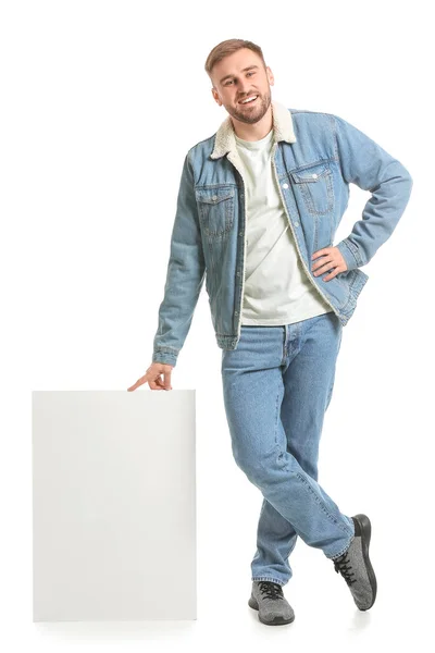 Joven Con Pancarta Blanco Sobre Fondo Blanco — Foto de Stock