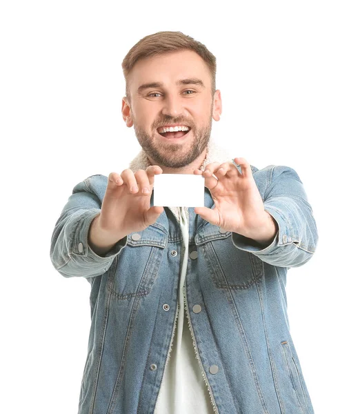 Jovem Com Cartão Visita Branco Fundo Branco — Fotografia de Stock