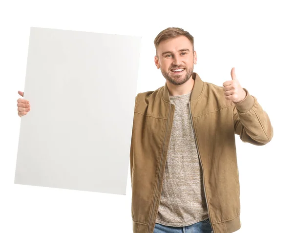 Jovem Com Cartaz Branco Mostrando Polegar Para Cima Fundo Branco — Fotografia de Stock