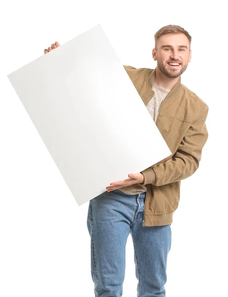 Young Man Blank Placard White Background — Stock Photo, Image