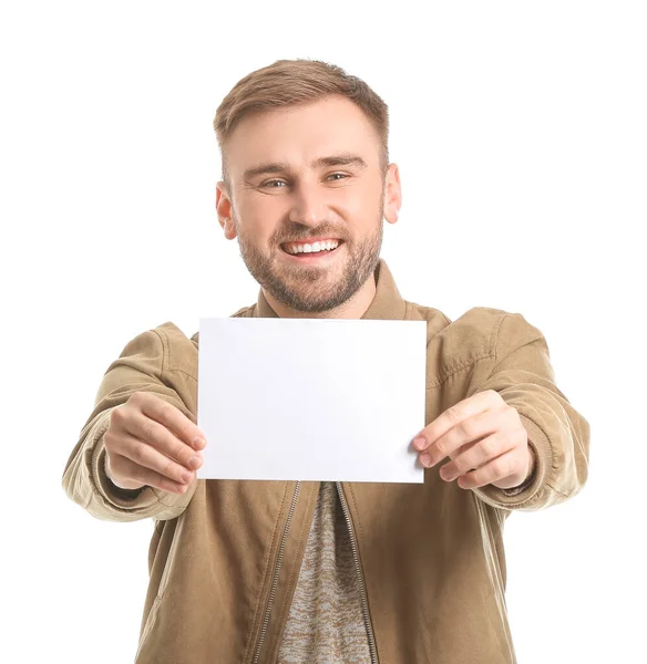 Young Man Blank Card White Background — Stock Photo, Image