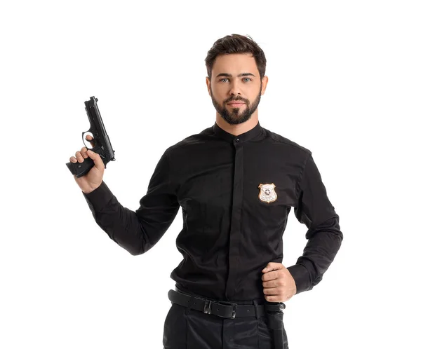 Bonito Policial Com Arma Fundo Branco — Fotografia de Stock