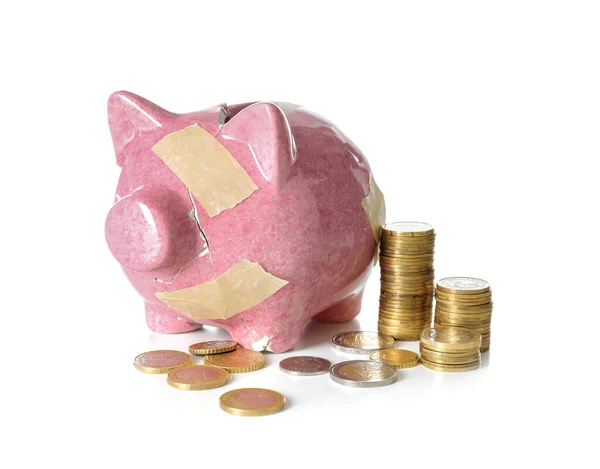 Broken Patched Piggy Bank Coins White Background — Stock Photo, Image