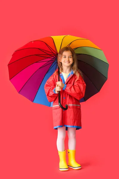 Cute Little Girl Raincoat Umbrella Color Background — Stock Photo, Image