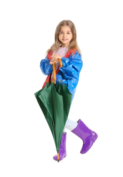 Cute Little Girl Raincoat Umbrella White Background — Stock Photo, Image