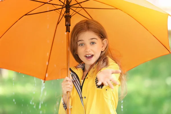 Menina Bonito Com Guarda Chuva Vestindo Capa Chuva Parque — Fotografia de Stock