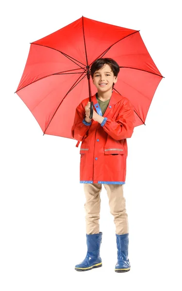 Cute Little Boy Raincoat Umbrella White Background — Stock Photo, Image