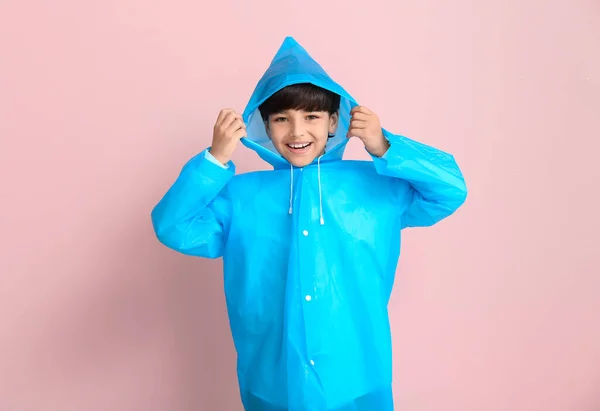 Cute Little Boy Raincoat Color Background — Stock Photo, Image