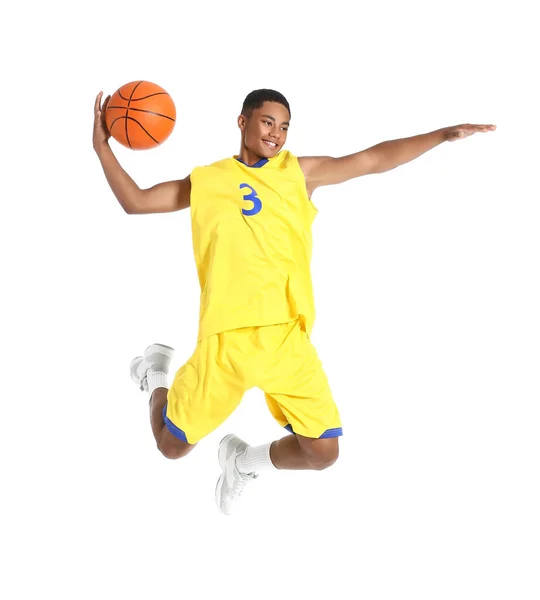 Saltando Jogador Basquete Afro Americano Fundo Branco — Fotografia de Stock