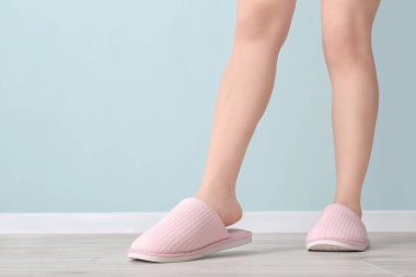 Evde yumuşak terlikli bir kadın var.