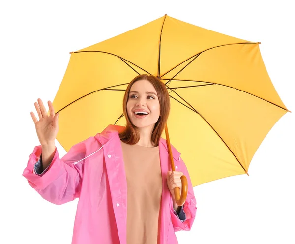 Mulher Bonita Com Guarda Chuva Fundo Branco — Fotografia de Stock