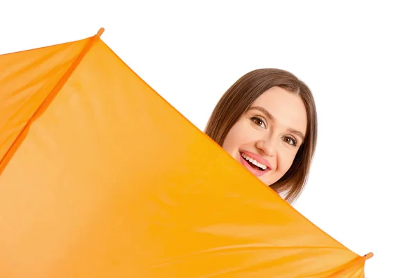 Mulher Feliz Com Guarda Chuva Fundo Branco — Fotografia de Stock