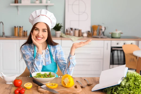 Young Woman Making Tasty Salad Kitchen — Stock Photo, Image