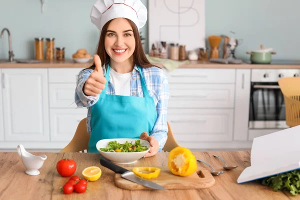 Young Woman Making Tasty Salad Kitchen — Stock Photo, Image