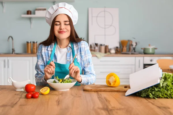 Young Woman Making Tasty Salad Kitchen — Stock Photo, Image