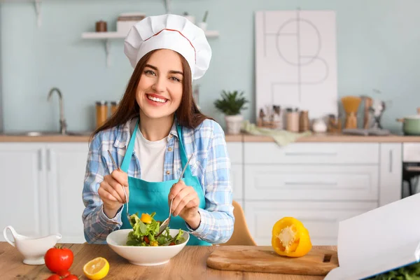 Young Woman Making Tasty Salad Kitchen — Stock Photo, Image