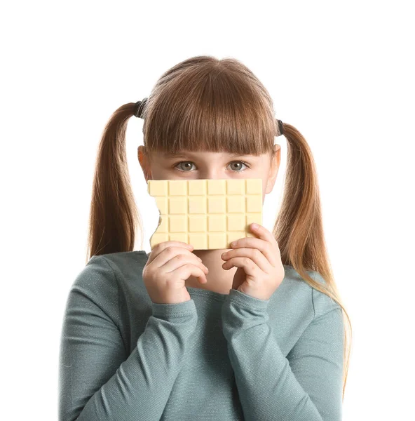 Aranyos Vicces Lány Csokoládé Fehér Háttér — Stock Fotó