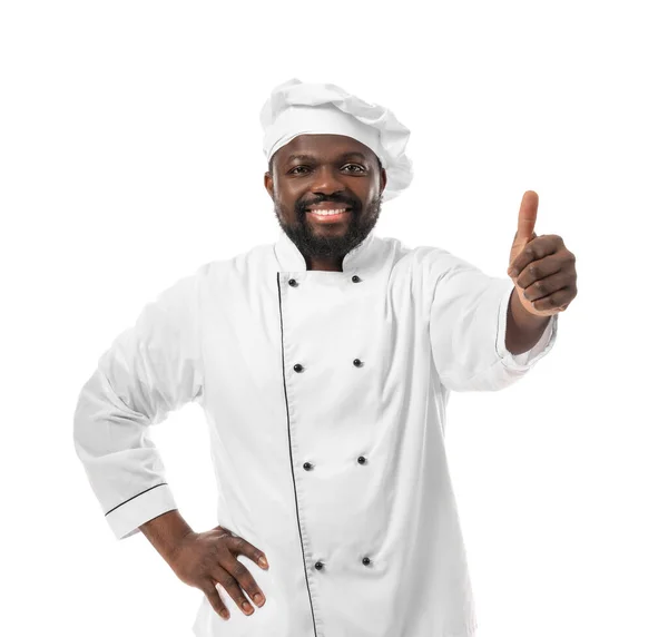 Masculino Africano Americano Chef Mostrando Polegar Fundo Branco — Fotografia de Stock
