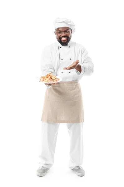 Male African American Chef Tasty Dish White Background — Stock Photo, Image