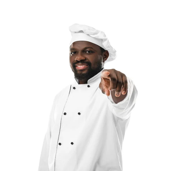 Male African American Chef Pointing Viewer White Background — Stock Photo, Image