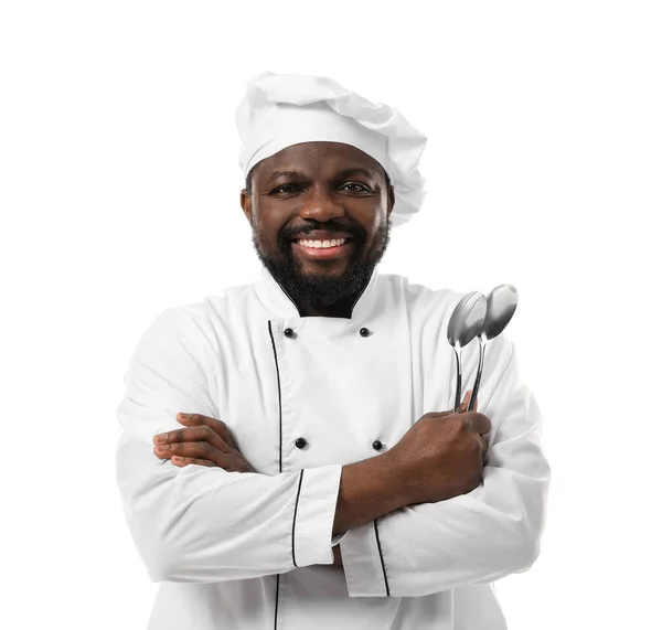 Muž Afroameričan Kuchař Bílém Pozadí — Stock fotografie