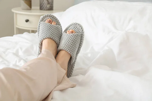 Woman Soft Slippers Lying Bed — Stock Photo, Image